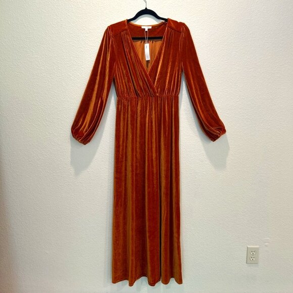 Baltic Born Dresses & Skirts - Baltic Born Venus Pleated Maxi Long Sleeve Wrap Dress Velvet Burnt Orange Large